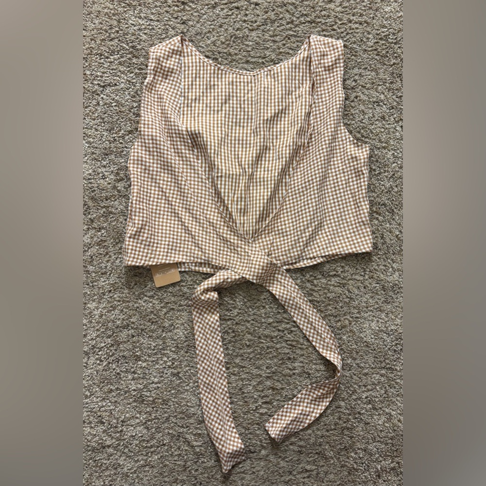 SHEIN Brown Checkered Tie-Front Blouse